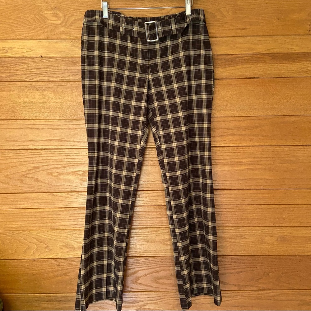 Y2K No Boundaries 70s style brown plaid belted flare pants